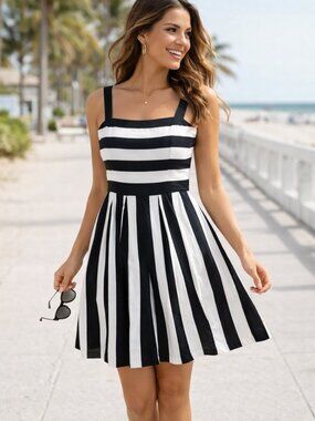 knee length dresses for ladies LINEN MIDI DRESS BLACK AND WHITE STRIPES main image 1
